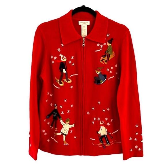 Women’s M Vintage Holiday Christmas ice skater sledding skiing Cardigan sweater - Picture 1 of 13